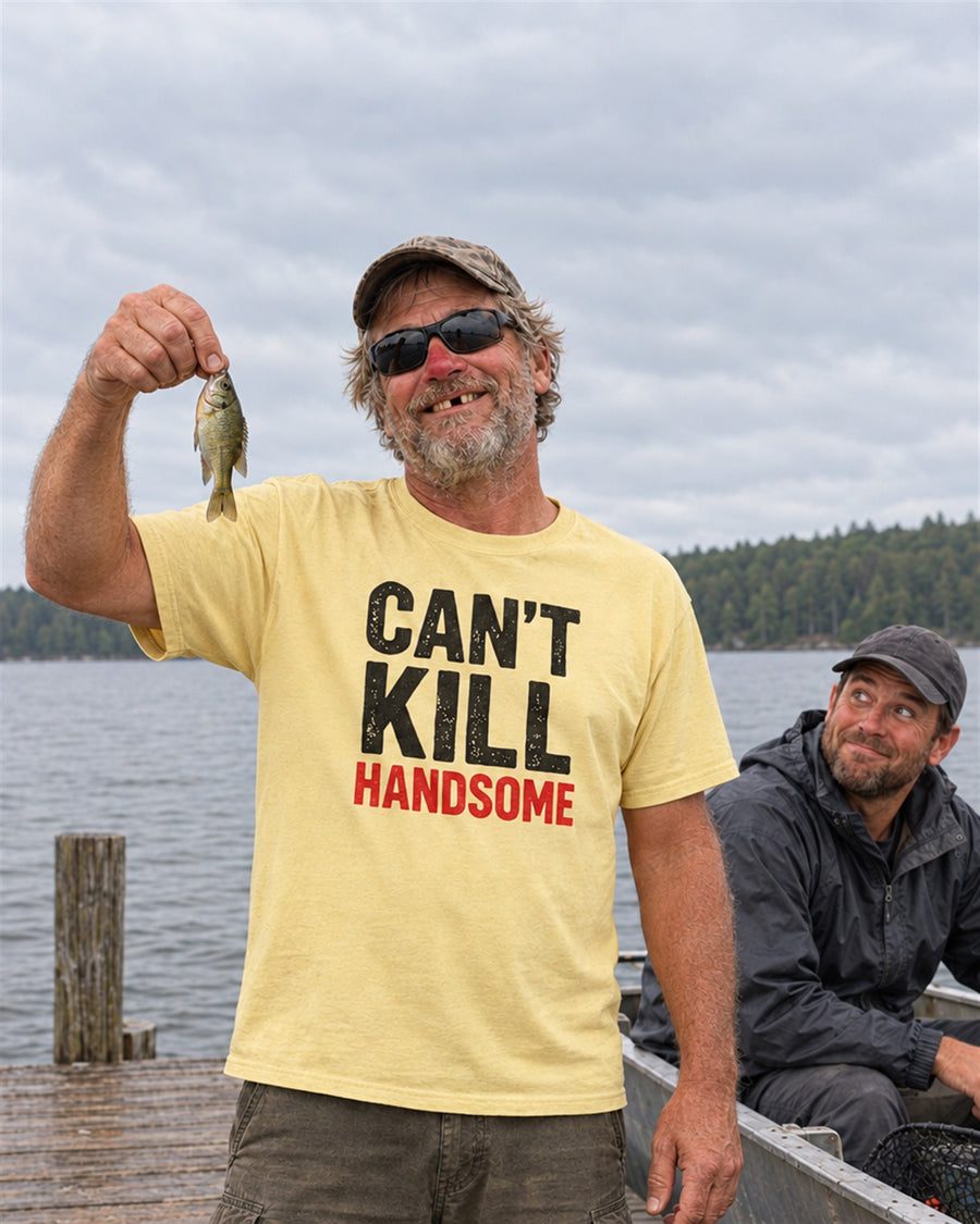 Street interview ad: a man in a Can't Kill Handsome tee